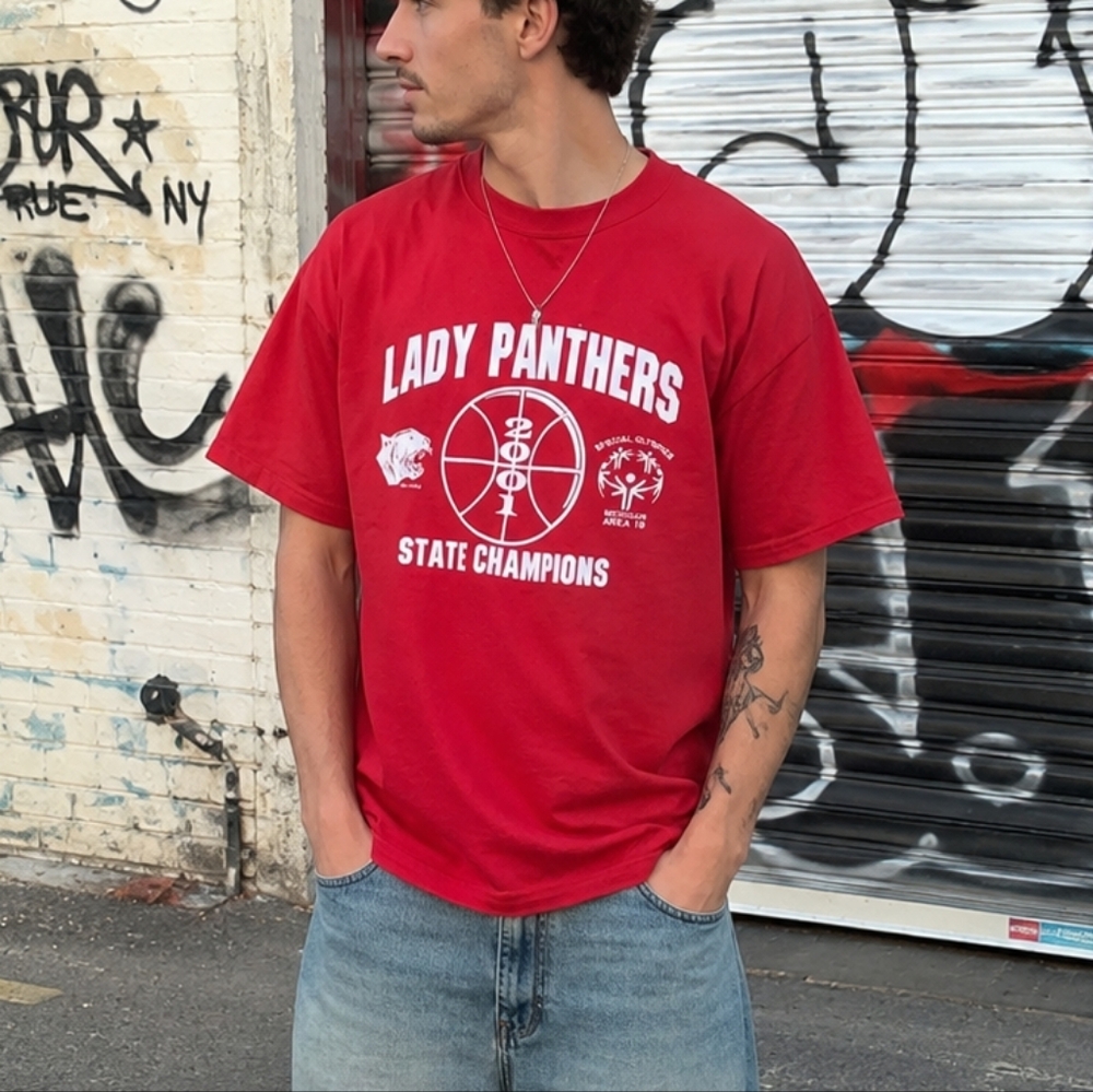 Vintage Jerzees Lady Panthers State Champions T-Shirt Red Graphic Tee Size L USA